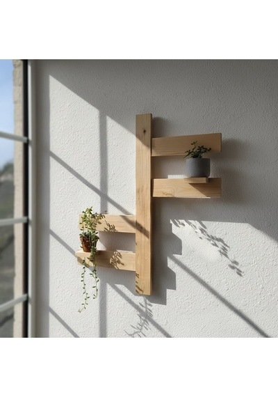 Dekoratif Ham Ahşap Duvar Saksılığı - Boho Tarz El Yapımı Doğal Ağaç Raf 50x50 Cm Bej