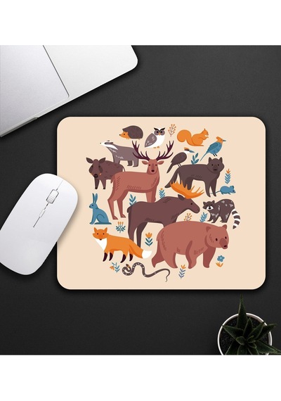Bej Renk Hayvan Motifli Mouse Pad 23x19cm Fare Altlığı Kaydırmaz Taban De585 Mousepad