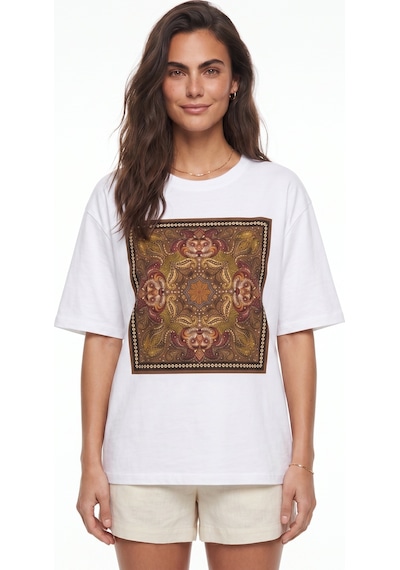 Onloox Kadın Beyaz Beyaz Pamuklu Bisiklet Yaka Kısa Kollu Oversize Etnik Baskılı Boncuk İşlemeli T-shirt