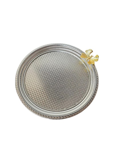 Metal Tepsi Gümüş Kelebekli Dekoratif Tepsi 25,5cm