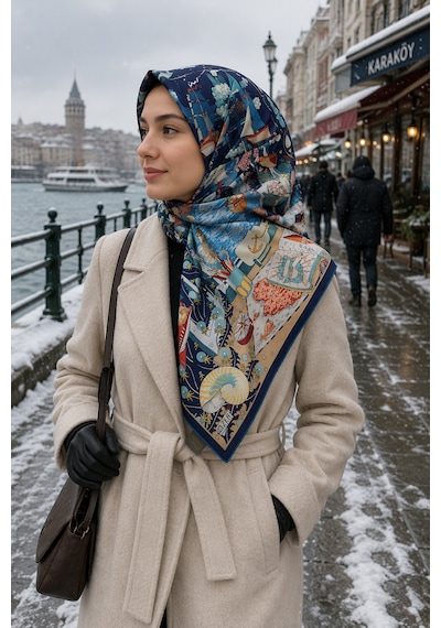 Zer Scarf Okyanus Desen Eşarp/omuz Şalı Lacivert