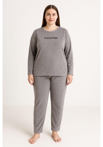 Pemilo Kadın 13213-2653 Büyük Beden Kadife Pijama Takımı Gri Gri
