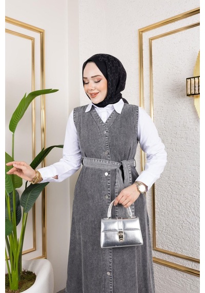 Harman Butik Kadın Düğmeli Kuşaklı Kot Jile Siyah Siyah