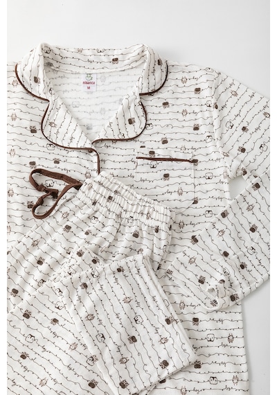 Nisanca Uzun Kol Gömlek Yaka Kadın Pinterest Pijama Takımı - Mevsimlik Kadın Pijama- Geniş Beden Aralığı Kahve