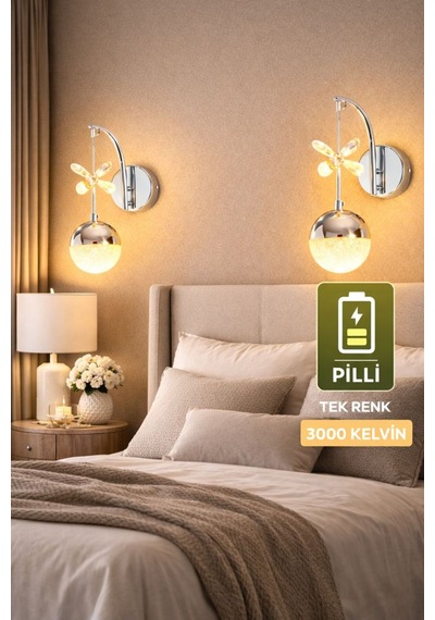 Pilli Led Duvar Apliği Kablosuz Krom Metal Kasa 3000k Tek Renk Sıcak Işık Modern Led Aplik Gümüş Gümüş