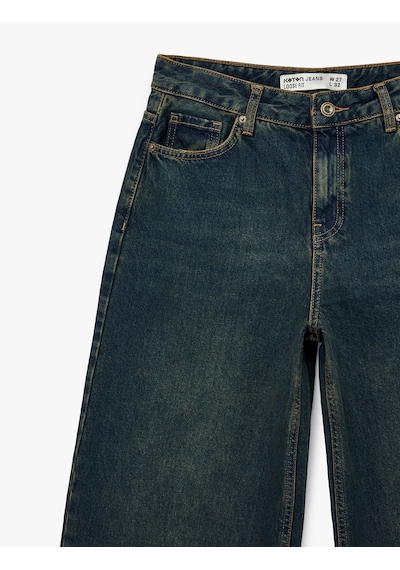 Koton Rahat Kalıp Düz Paça Düğmeli Cepli Denim Pantolon - Loose Straight Fit Jean Koyu İndigo 6sal40099md İndigo
