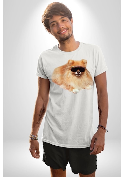 Pomernian Köpek Unisex Unisex Beyaz Organik Baskılı T-shirt Penye Yüksek Kalite Beyaz