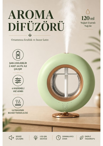 Ultrasonik Hava Nemlendirici Aroma Difüzör 120ml Usb Ve Pilli Çalışan Uygulama Kontrolü Zaman Ayarlı Krem