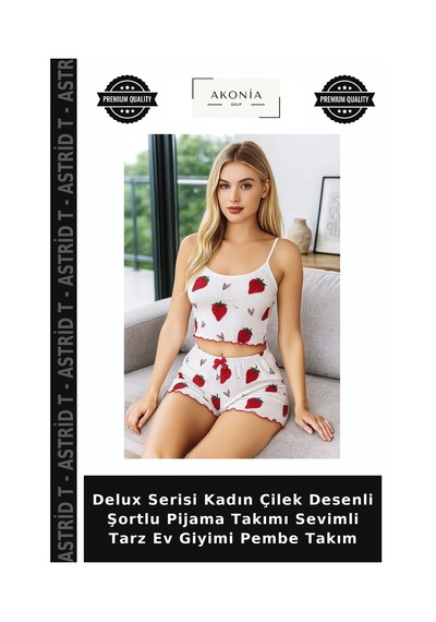 Astrid T Delux Serisi Kadın Çilek Desenli Şortlu Pijama Takımı Sevimli Tarz Ev Giyimi Pembe Takım