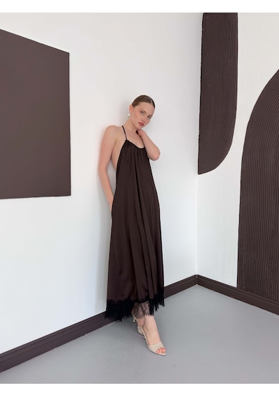 Verymoda Dantel Detaylı Saten Elbise D3022 Kahve
