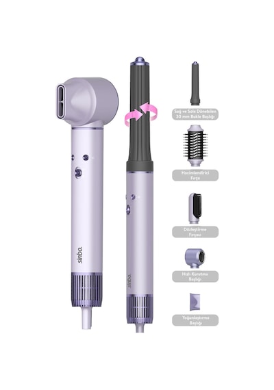Sinbo SHD-1719 Pro Compact Uzun Multi-Syler Hava Üfleme 5in1 Saç Şekillendirici Bldc Motor Mor