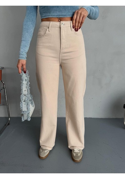 Bej Denım Kumaş Wide-leg Pantolon Bej