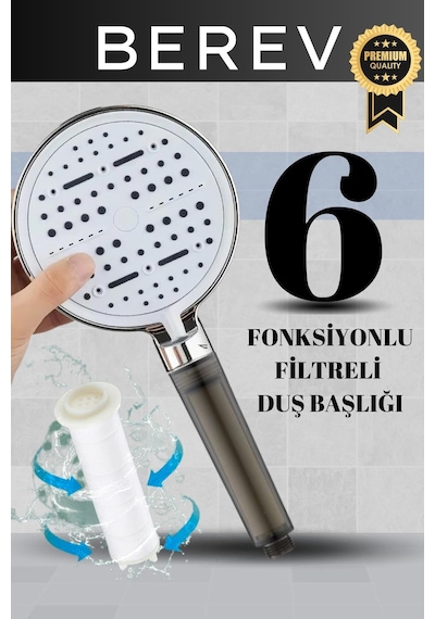 6 Fonksiyonlu Filtreli Krom Duş Başlığı Su Tasarruflu Basınçlı Kireç Klor Önleyici Krom