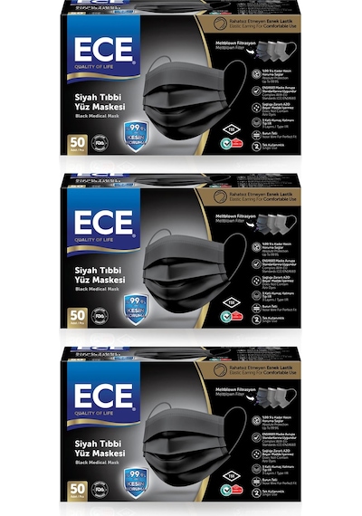 Ece Full Ultrasonik Meltblownlu Maske 50 x 3 150 Adet Siyah