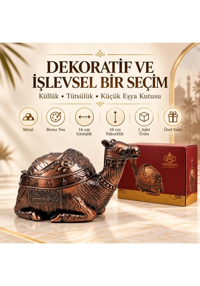 Lüks Alaşım Metal Deve Figürlü Kapaklı Dekoratif Küllük Takı Saklama Kutusu Metal Biblo 16 X10 Cm.