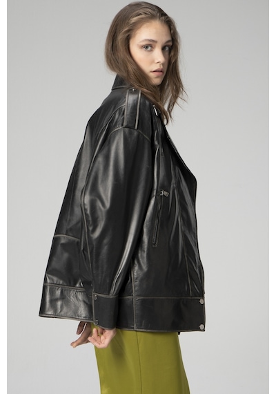 Siyah/bej Dericlub Wm019 Oversize Biker Hakiki Deri Kadın Mont
