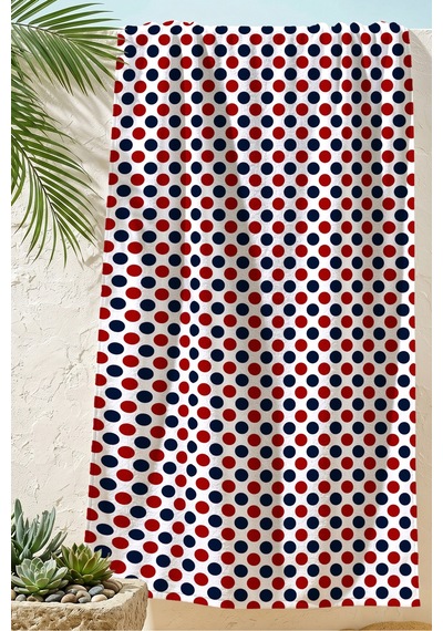 Puantiyeli Modern Şık Plaj Havlusu - Kırmızı Lacivert Geometrik Minimalist Hızlı Kuruyan Plaj Örtüsü Çok Renkli