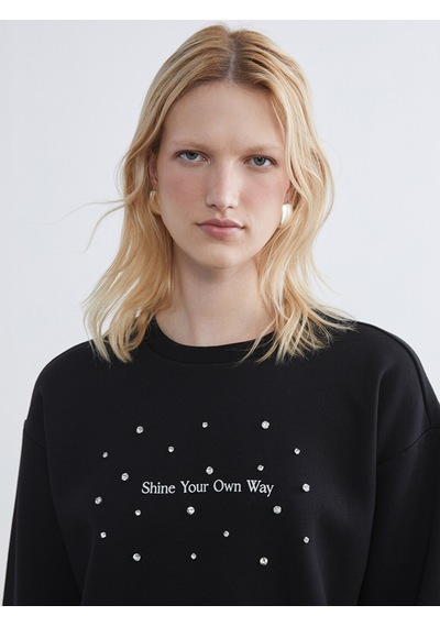 Lcwaıkıkı Maternity Siyah Bisiklet Yaka Taşlı Kadın Kalın Sweatshirt