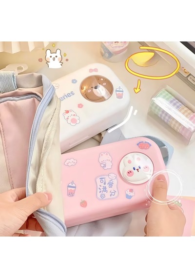 Sevimli Kawaii Figürlü Kalem Kutusu Çok Bölmeli Çift Katlı Büyük Kapasiteli Kalem Kutusu Sticker'lı Kalem Kutusu Sticker Yapıştırılabilir Kalemlik Sticker Kalemlik Pembe