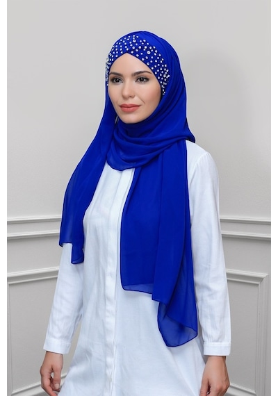 Hürrem Bone Saks Mavisi Pratik Hazır Geçmeli Bone Şal Şifon Kendinden Boneli (553630068)