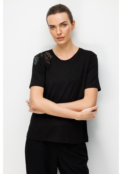 Kadın Sıfır Yaka Tek Omuzu Nakışlı Penye T-shirt Siyah Siyah