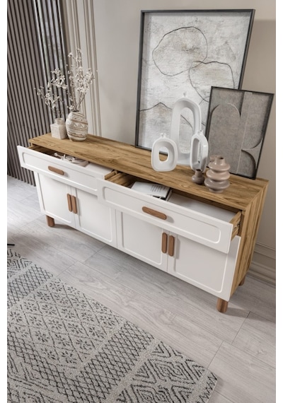 Flora Bohem Serisi 4 Kapaklı 2 Çekmeceli Salon Konsolu Büfe Aytaşı Ceviz 180x84 Cm Ceviz - Ekru Flora Bohem Serisi 4 Kapaklı 2 Çekmeceli Salon Konsolu Büfe Aytaşı Ceviz 180x84 Cm Ceviz - Ekru