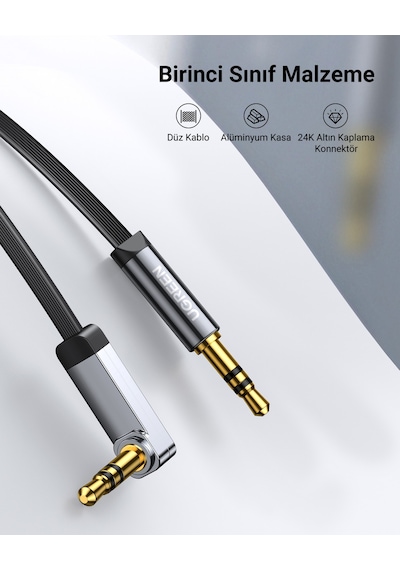 Ugreen 90 Derece Dik Açılı 3.5mm Flat Aux Ses Kablosu 1 Metre, 10597