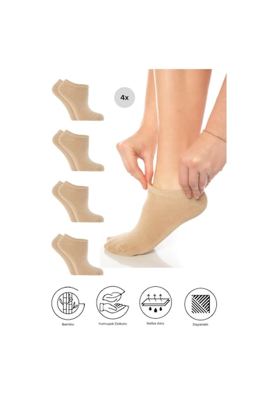 Saysez Bambu Kadın Sneaker Bej Çorap Dikişsiz Görünmez Bilekte Spor Çorap Premium 4'lü Paket Renkli