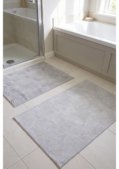 Raschel Carpet Premium Seri Özel Kaymaz Taban Banyo Paspası 2'li Set 50x60 Ve 60x100 Gümüş