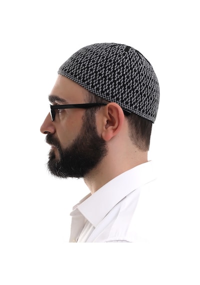 Gri Orlon Kışlık Namaz Takkesi Baklava Desenli Takke