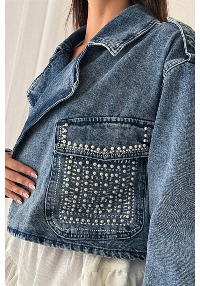 Lacarino 7660 Taşlı Kadın Jean Ceket Dark Blue Taşlı