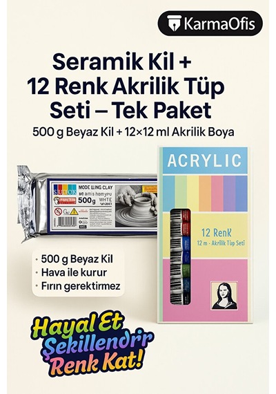 Seramik Kil 500 G + 12 Renk Akrilik Tüp Seti Başlangıç Modellem