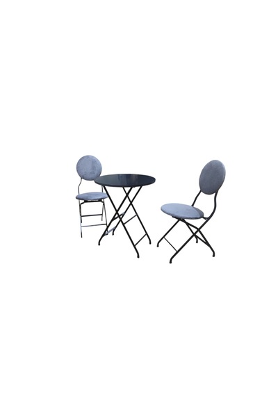 Katlanabilir Gri Kumaş Metal Masa Ve Sandalye Takımı - 2 Sandalye