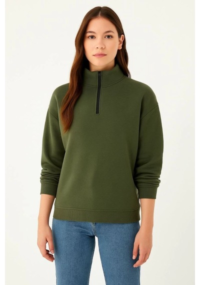 Kadın 3 İplik Dık Yaka Yarım Fermuarlı Sweatshirt - Haki