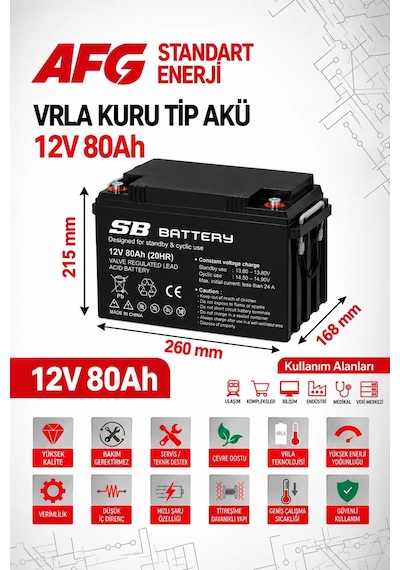 Sb Battery 12v 80ah Bakımsız Kuru Akü