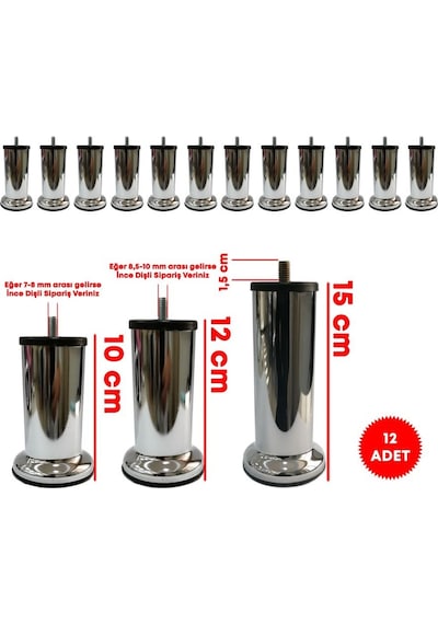 Ademkocplastik 10 - 12 - 15 Cm Metal Krom Baza Koltuk Kanepe Sehpa Ayağı 12 Adet