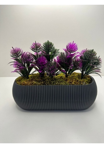 Uzun Gri Saksıda Yapay Çiçek Yeşil Iğneli Çam Demeti Dekoratif Mutfak Banyo Masa Çiçeği 21x9x7 Cm - Fuşya