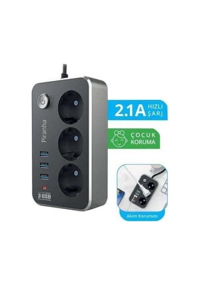 3396 3lü Priz 3 Usb Girişli 2mt. Akım Korumalı Standart