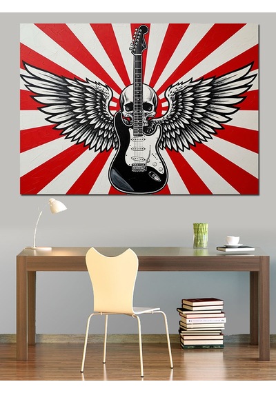 Kanatlı Kurukafa Ve Elektrogitar Görselli Retro Arka Fonlu Afiş Dekoratif Kanvas - Mdf Ahşap Tablo