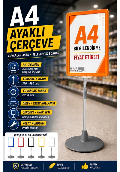 A4 Ayaklı Çerçeve Seti Yuvarlak Tabanlı Teleskopik Fiyat Etiketi Standı Turuncu