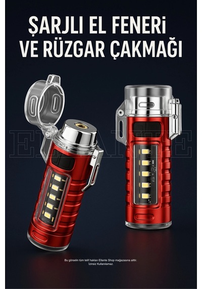 Çok Fonksiyonlu Şarjlı Led El Feneri & Rüzgar Geçirmez Elektrikli Çakmak Çok Renkli