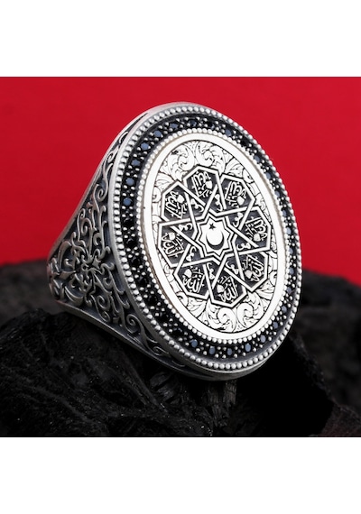 925 Ayar Gümüş Ay Yıldız Motifli Allah Lafzı Yazılı Erkek Yüzük Silver