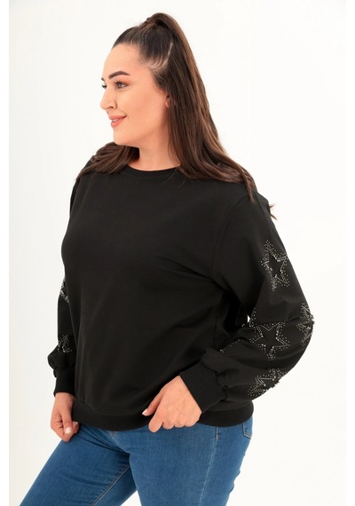 Aytemas Kolları Yıldız Taş Baskılı Sweatshirt Siyah