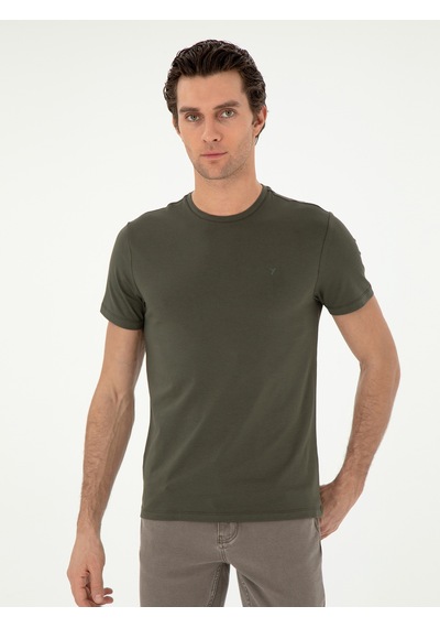 Haki Slim Fit Bisiklet Yaka Merserize Basic T-shirt Yeşil