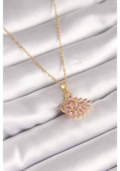 316l Çelik Gold Renk Zincir Pembe Zirkon Taşlı Kuğu Model Kadın Kolye - Lisinya Altın