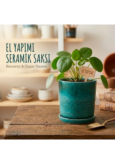 El Yapımı Seramik Saksı & Altlık Seti Doğal Turkuaz Efektli Dekoratif Ve Fonksiyonel Tasarım - 10 Cm