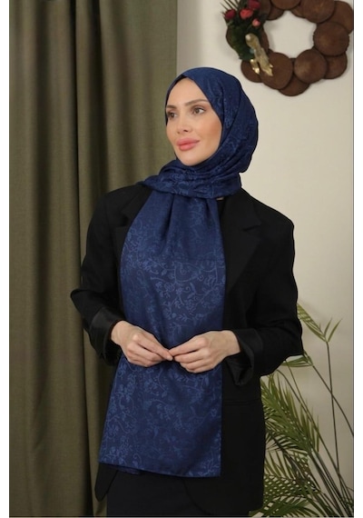 Flora Tekstil Çiçekli Desen İnce Medine İpeği Jakar Şal Lacivert