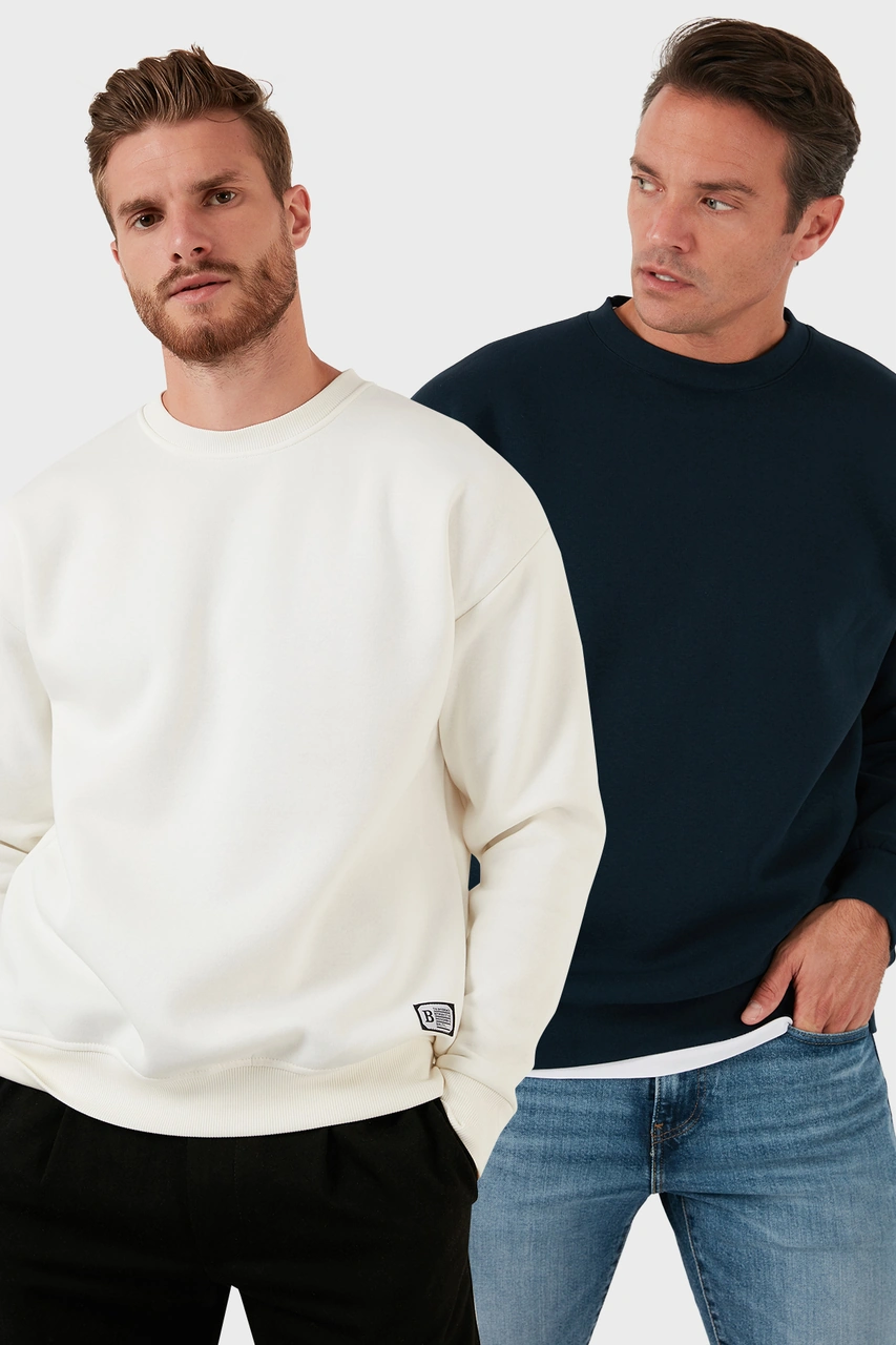 Buratti Regular Fit Bisiklet Yaka Şardonlu 2'Li Paket Erkek Sweat 5905255S2 Ekru-Koyu Lacivert