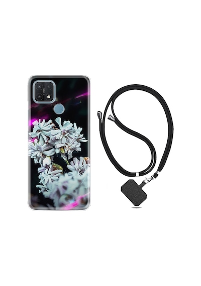 Oppo A15S Kılıf Boyun Askılı Beyaz Çiçekler 1888