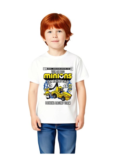 Paybuy Çocuk Grafik Baskılı Tişört Banana Racing Macera Teması Kısa Koll beyaz
